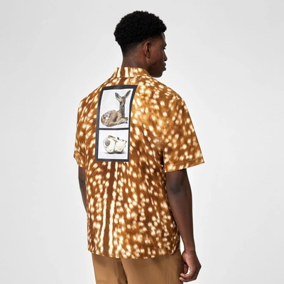 Shop Burberry Short-sleeve Slogan Deer Print Cotton Shirt In Honey