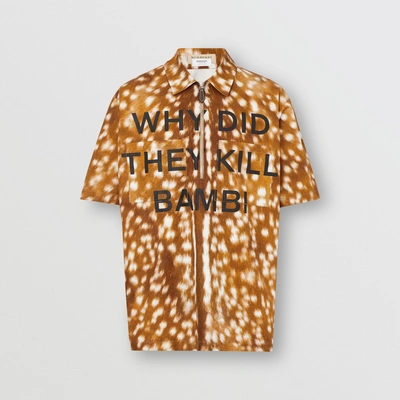 Shop Burberry Short-sleeve Slogan Deer Print Cotton Shirt In Honey