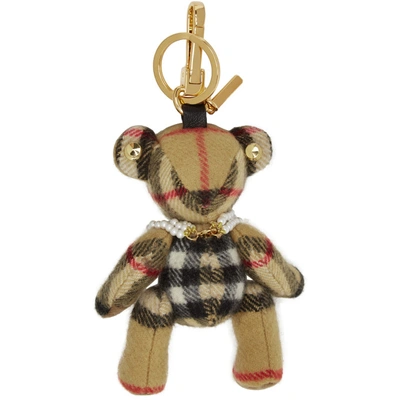 Shop Burberry Beige Vintage Check Thomas Pearl Keychain In Antique Yel