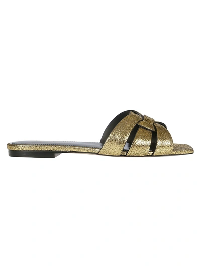 Shop Saint Laurent Tribute Flat Sandals In Black/gold