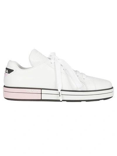 Shop Prada Embroidered Logo Sneakers In White/pink