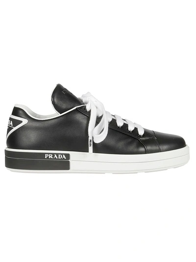 Shop Prada Embroidered Logo Sneakers In Black/white