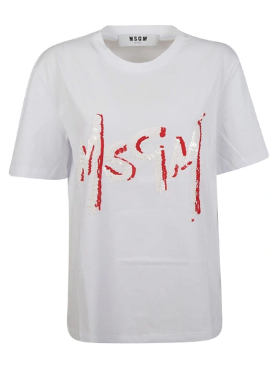 Shop Msgm Logo Sequin T-shirt In White