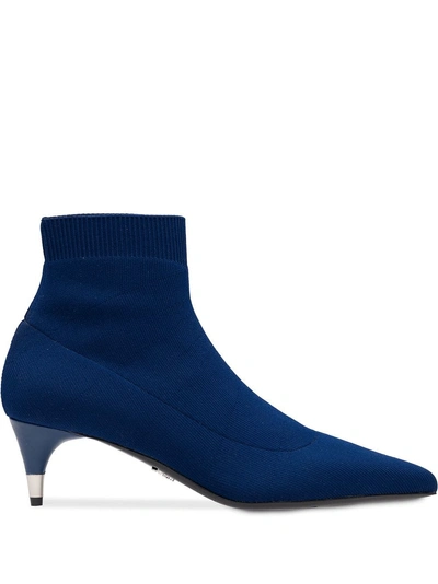 Shop Prada Fabric Pointed Booties In Blue