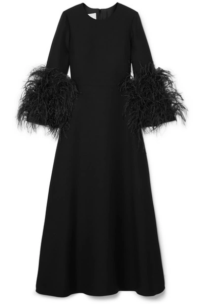 Shop Valentino Feather-trimmed Wool And Silk-blend Maxi Dress In Black