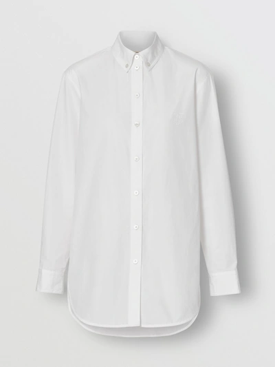 Shop Burberry Button-down Collar Monogram Motif Cotton Shirt In White