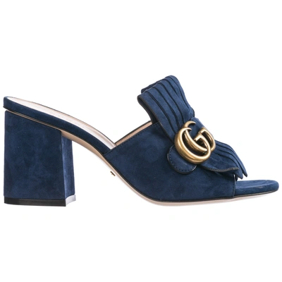 Shop Gucci Gg Marmont Fringed Mules In Blue