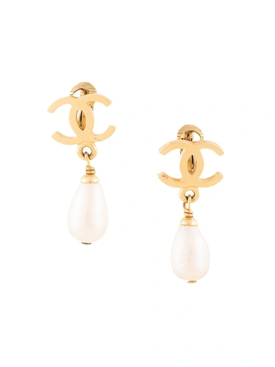 Chanel Vintage Gold Plated CC Faux Pearl Dangle Clip on Earrings