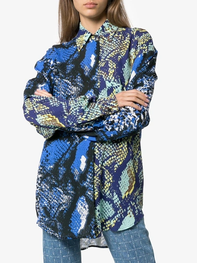 Shop House Of Holland Contrast-panel Snake-print Shirt In Blue Multi