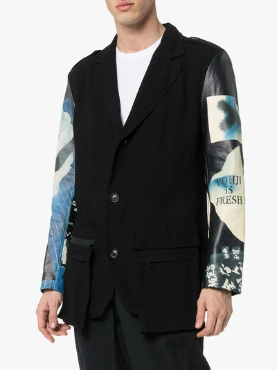 Shop Yohji Yamamoto Graphic Print Leather Panelled Blazer Jacket In Black