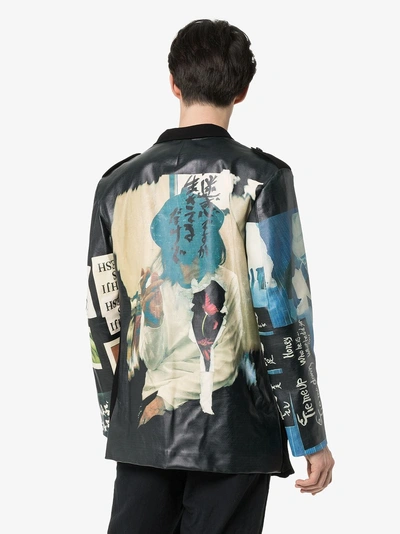 Shop Yohji Yamamoto Graphic Print Leather Panelled Blazer Jacket In Black