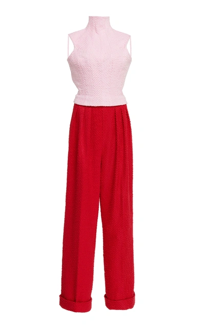 Shop Emilia Wickstead Gaby Color-blocked Matelassé Straight-leg Jumpsuit In Red