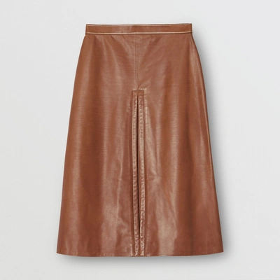Shop Burberry Box Pleat Detail Leather A-line Skirt In Flaxseed