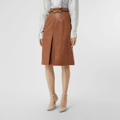 Shop Burberry Box Pleat Detail Leather A-line Skirt In Flaxseed