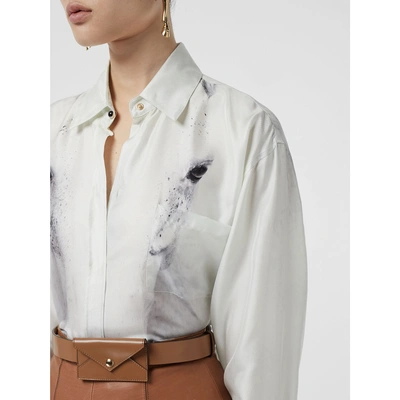 Shop Burberry Unicorn Print Silk Oversized Shirt In Light Grey