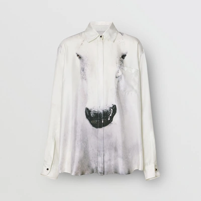 Shop Burberry Unicorn Print Silk Oversized Shirt In Light Grey