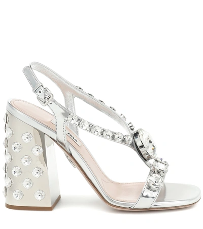 Shop Miu Miu Embellished Metallic Leather Sandals