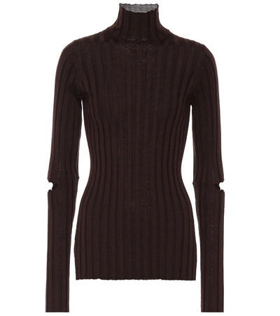 Shop Helmut Lang Ribbed Turtleneck Wool Sweater In Brown