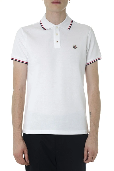 Shop Moncler Striped Collar Polo Shirt In White