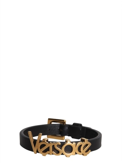 Shop Versace Logo Leather Bracelet In Black