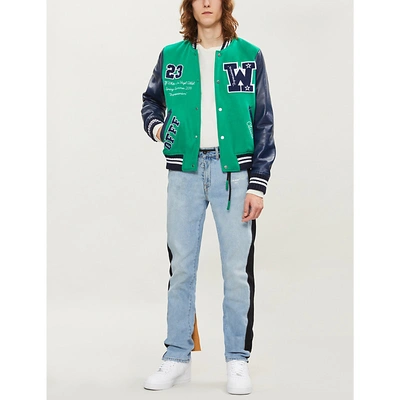 Shop Off-white Logo-appliqué Brushed Wool-blend And Leather Jacket In Green