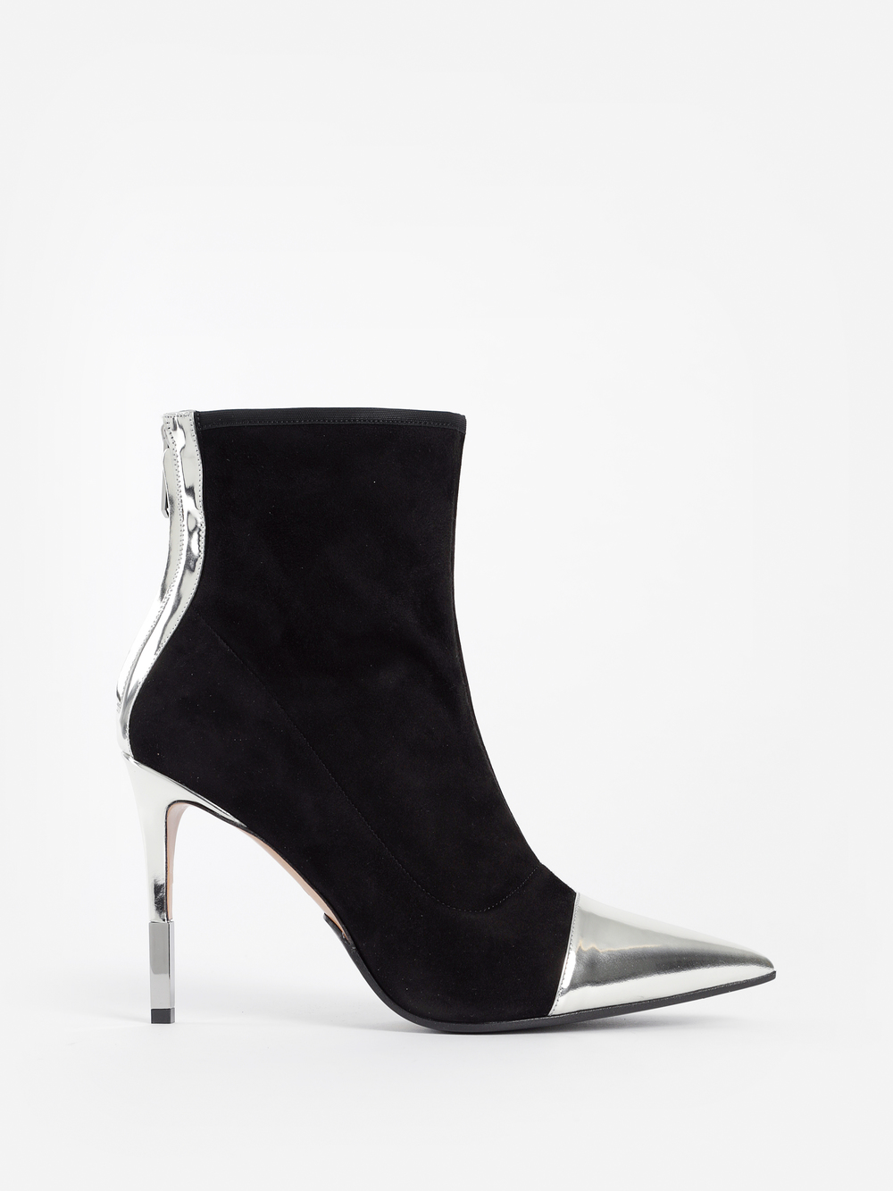 black ankle boots with silver heel