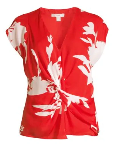 Shop Joie Bosko Silk Print Twist-front Blouse In Tropic Red
