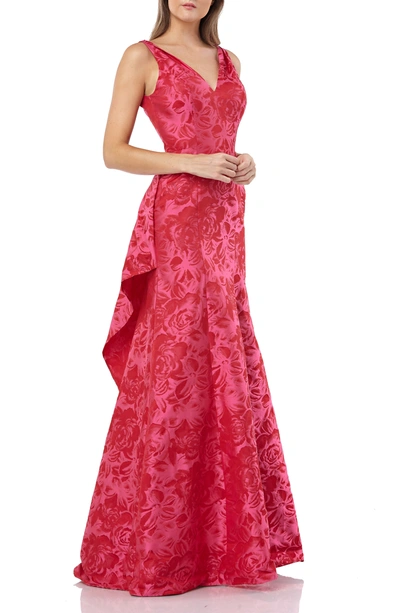Shop Carmen Marc Valvo Infusion V-neck Jacquard Evening Dress In Fuchsia/ Red