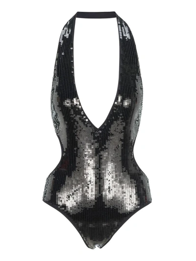 Shop Saint Laurent Sequin-embellished Bodysuit In Black