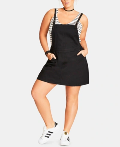 Shop City Chic Trendy Plus Size Denim Pinafore Dress In Black