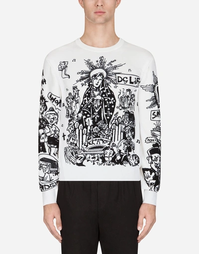 Shop Dolce & Gabbana Round Neck Wool Sweater With Embroidery In White