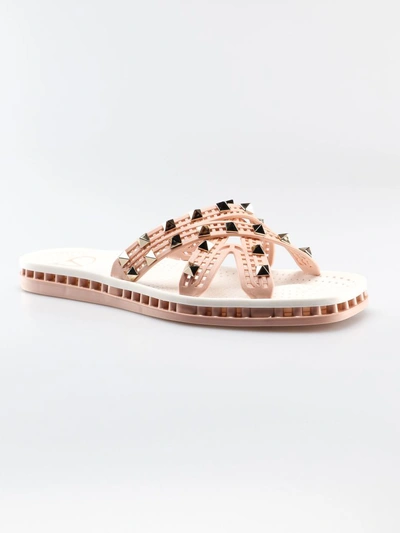 Shop Valentino Rockstud Flat Sandals In Rose Cannelle/bianco
