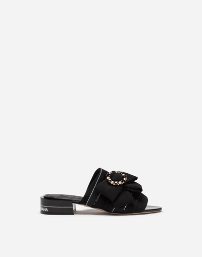 Shop Dolce & Gabbana Slides In Charmeuse With Bow And Crystals In Black