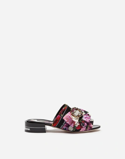 Shop Dolce & Gabbana Printed Charmeuse Mules With Bejeweled Buckle In Multi-colored