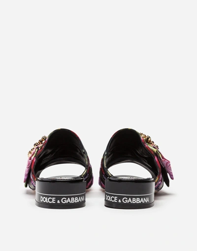 Shop Dolce & Gabbana Printed Charmeuse Mules With Bejeweled Buckle In Multi-colored