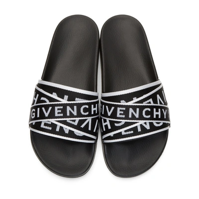 Shop Givenchy Black & White 4g Webbing Pool Slides