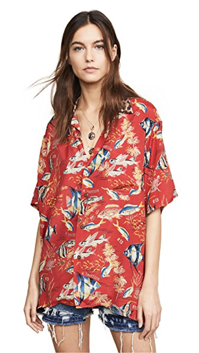 Shop R13 Hawaiian Shirt In Red Fish With Leopard