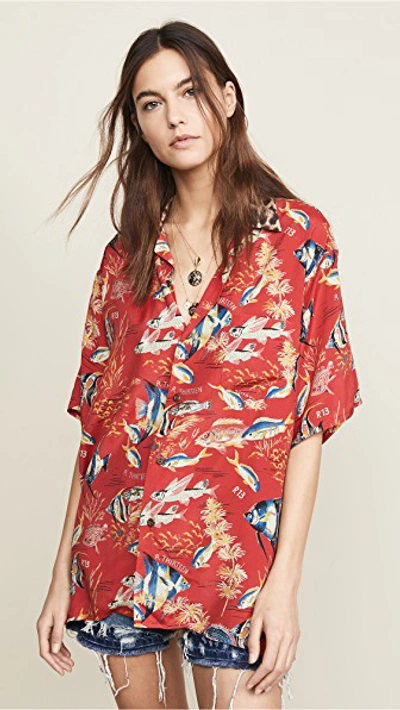 Shop R13 Hawaiian Shirt In Red Fish With Leopard
