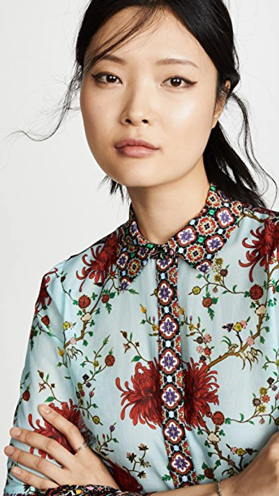 Shop Alice And Olivia Rana Ruffle Sleeve Button Down Blouse In Chrysanthemum Border Pwdr Blue