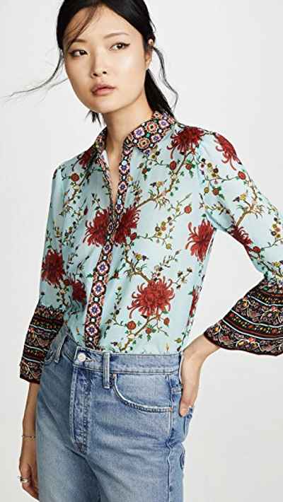 Shop Alice And Olivia Rana Ruffle Sleeve Button Down Blouse In Chrysanthemum Border Pwdr Blue