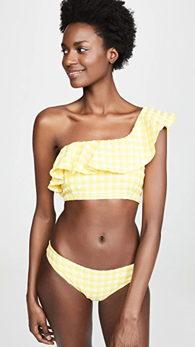 Shop Ganni Seersucker Bikini Bottoms In Minion Yellow