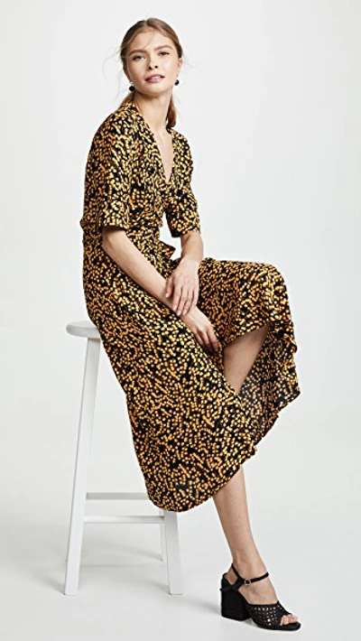 Ganni Goldstone Floral Print Crepe Wrap Dress In Black ModeSens