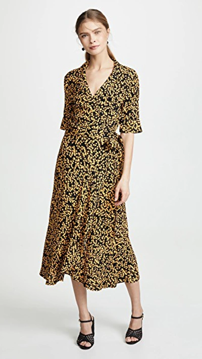 Ganni Goldstone Floral Print Crepe Wrap Dress In Black | ModeSens