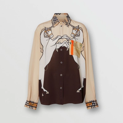Shop Burberry Unicorn Print Silk Shirt In Light Camel