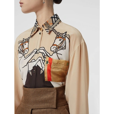 Shop Burberry Unicorn Print Silk Shirt In Light Camel