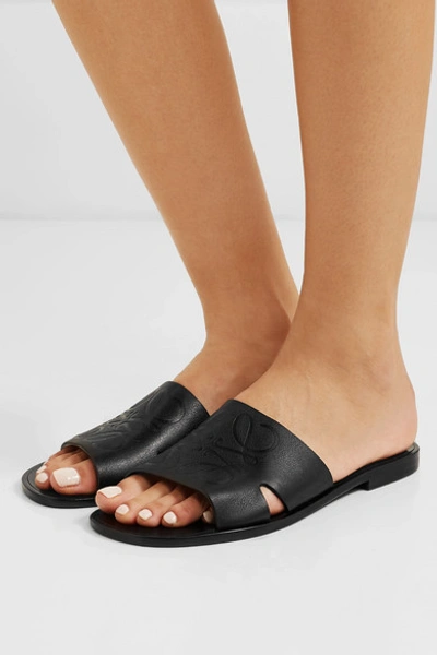 Shop Loewe Cutout Logo-embossed Leather Slides In Black