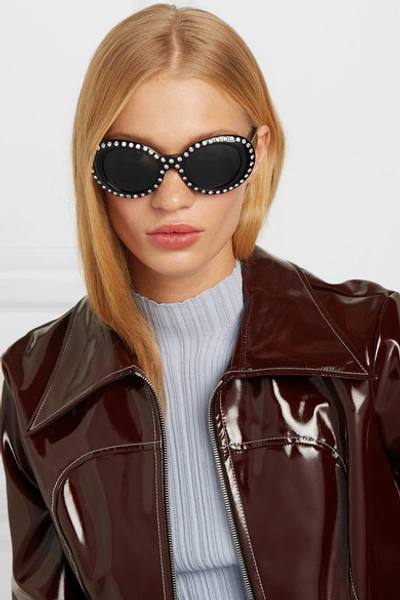 Shop Acne Studios Mustang Round-frame Crystal-embellished Acetate Sunglasses In Black