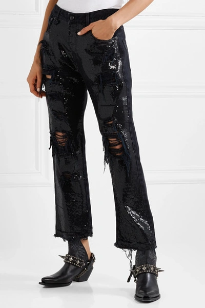Shop R13 Distressed Sequin-embellished Mid-rise Jeans In Black