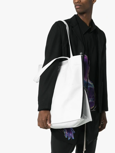 Shop Yohji Yamamoto White Logo Leather Tote Bag