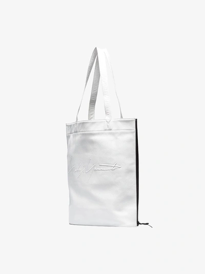 Shop Yohji Yamamoto White Logo Leather Tote Bag